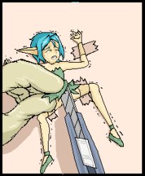 Rule 34 | 774 (nanashi), bdsm, blue hair, bondage, bound, boxcutter, closed eyes, copyright request, fairy, lowres, mini person, minigirl, pointy ears, tape, tears, torn clothes
