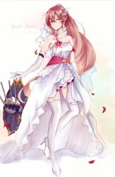 Rule 34 | 1girl, absurdres, alternate costume, azur lane, blush, brown hair, character name, cocoka, dress, hair between eyes, high-low skirt, highres, jean bart (azur lane), long hair, looking at viewer, pantyhose, red eyes, simple background, smile, solo, tagme, thighhighs, thighs, very long hair, wavy mouth, wedding dress, white pantyhose, white thighhighs