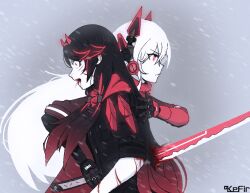 2girls alpha_(pgr) artist_name black_hair black_jacket blood blood_from_mouth blood_on_arm gradient_clothes gradient_hair gradient_jacket headgear headphones holding holding_sword holding_weapon horns jacket kefir_sss long_hair lucia:_crimson_abyss_(pgr) lucia:_lotus_(pgr) lucia_(pgr) multicolored_hair multiple_girls punishing:_gray_raven red_eyes red_hair red_horns red_jacket red_scarf scarf sidelocks small_horns stab streaked_hair sword weapon white_hair