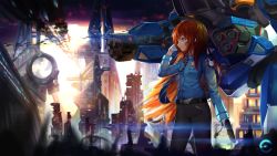 Rule 34 | 1girl, alternate hair length, alternate hairstyle, animal print, backlighting, belt, black pants, blue shirt, blurry, breast pocket, breasts, brown eyes, brown hair, building, c.mi, charm (object), city, cityscape, collared shirt, commentary, cowboy shot, d.va (overwatch), depth of field, facepaint, facial mark, gloves, gun, hand in own hair, handgun, highres, holding, holding gun, holding weapon, light rays, long hair, long sleeves, looking away, looking to the side, mecha, meka (overwatch), necktie, no headwear, officer d.va, official alternate costume, outdoors, overwatch, overwatch 1, pants, patch, pistol, pocket, police, police uniform, policewoman, profile, rabbit print, robot, satellite dish, scenery, science fiction, shirt, skyscraper, small breasts, solo, standing, sunlight, swept bangs, uniform, very long hair, weapon, whisker markings, whistle, white gloves