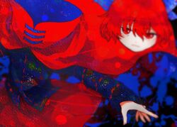 Rule 34 | 1girl, black shirt, blue bow, bow, cape, closed mouth, disembodied head, hair between eyes, hair bow, itomugi-kun, long sleeves, pleated skirt, red cape, red eyes, red hair, red skirt, sekibanki, shirt, short hair, skirt, solo, touhou