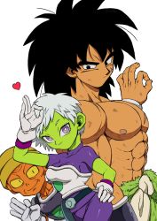 Rule 34 | 1girl, 2boys, abs, arm at side, armor, bad id, bad pixiv id, belt, black eyes, black hair, bodysuit, breasts, broly (dragon ball super), cheelai, cleavage, clothes around waist, colored skin, dirty, dragon ball, dragon ball super, dragon ball super broly, expressionless, eyelashes, facial scar, fingernails, frown, gloves, green skin, grey hair, hand on own hip, hand up, hat, heart, height difference, lemo (dragon ball), looking at another, looking at viewer, looking down, medium breasts, messy hair, multiple boys, muscular, nipples, ok sign, orange skin, outsuki, pectorals, purple bodysuit, purple eyes, scar, scar on cheek, scar on chest, scar on face, serious, topless male, sideboob, simple background, smile, standing, upper body, white background, white gloves, wristband, yellow eyes
