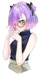 Rule 34 | 1girl, bare shoulders, blush, demon girl, glasses, green eyes, hair ornament, hairclip, highres, hololive, looking at viewer, nail polish, own hands together, purple hair, short hair, solo, therrao, tokoyami towa, turtleneck, virtual youtuber