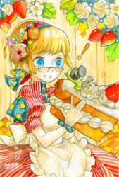 Rule 34 | !, apron, blonde hair, blue eyes, cake, dress, food, food as clothes, fruit, glasses, k ototo, ori, pastry, solo, strawberry, worm