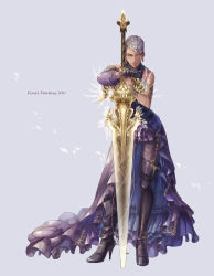 Rule 34 | 1girl, asymmetrical sleeves, warrior of light (ff14), bare shoulders, boots, closed mouth, dark knight (final fantasy), detached sleeves, dress, earrings, facial tattoo, fictional persona, final fantasy, final fantasy xiv, frilled dress, frills, full body, gloves, greatsword, heterochromia, high heel boots, high heels, highres, hilld, hyur, jewelry, leaning on object, light smile, lips, long dress, looking at viewer, pants, planted, planted sword, planted weapon, short hair, single glove, single sleeve, solo, standing, sword, tattoo, thigh boots, thighhighs, uneven sleeves, weapon, yellow eyes