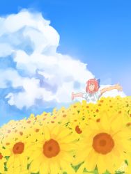Rule 34 | 00s, 1girl, amino (tn7135), bad id, bad pixiv id, blue sky, bow, casual, closed eyes, cloud, day, field, flower, flower field, hair bow, kohaku (tsukihime), outstretched arms, pink hair, shirt, short hair, sky, smile, solo, sunflower, sunflower field, t-shirt, tsukihime