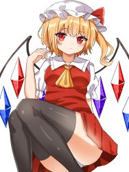 Rule 34 | 1girl, ascot, black thighhighs, blonde hair, closed mouth, crystal, feet out of frame, flandre scarlet, hat, hat ribbon, highres, kiui (dagk8254), looking at viewer, mob cap, panties, red eyes, red ribbon, red skirt, red vest, ribbon, shirt, short sleeves, side ponytail, simple background, skirt, solo, thighhighs, touhou, underwear, vest, white background, white hat, white panties, white shirt, wings, yellow ascot