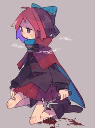 Rule 34 | 1girl, bad id, bad pixiv id, bandaid, bandaid on leg, black shirt, blood, bloody weapon, blue bow, blue hair, bow, cape, claw hammer, daizu (melon-lemon), grey background, hair bow, hammer, highres, holding, holding weapon, long sleeves, multicolored cape, multicolored clothes, multicolored hair, pleated skirt, red eyes, red hair, red skirt, sekibanki, shirt, short hair, simple background, skirt, solo, touhou, two-sided cape, two-sided fabric, weapon