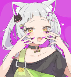 Rule 34 | 1girl, absurdres, animal (vocaloid), animal ear fluff, animal ears, bandaid, bandaid on arm, bare arms, bare shoulders, black choker, black shirt, bow, brown nails, cat ears, cat hair ornament, choker, collarbone, commentary request, facepaint, fangs, grey hair, hair bow, hair ornament, highres, hololive, jewelry, long hair, looking at viewer, murasaki shion, nail polish, off-shoulder shirt, off shoulder, oisiimizu, open mouth, orange eyes, paw hair ornament, pink nails, purple background, ring, saliva, shirt, solo, twintails, upper body, virtual youtuber, vocaloid