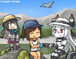 Rule 34 | 3girls, :d, abyssal ship, air defense princess, backpack, bag, binoculars, black footwear, black hair, blouse, boots, brown hair, commentary request, cross-laced footwear, dated, dress, eating, fang, food, gloves, hamu koutarou, hat, i-401 (kancolle), kantai collection, lace-up boots, long hair, mountain, multicolored hair, multiple girls, naganami (kancolle), onigiri, open mouth, pleated skirt, ponytail, red eyes, school uniform, shirt, short ponytail, skirt, sleeveless, sleeveless dress, smile, swimsuit, swimsuit under clothes, white hair, white shirt