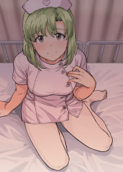 Rule 34 | 1girl, arm support, bed, bed sheet, breasts, brown eyes, buttons, closed mouth, commentary request, green hair, hand on own chest, hat, heart, highres, hospital bed, idolmaster, idolmaster (classic), idolmaster stella stage, indoors, looking at viewer, looking up, medium breasts, mole, mole under eye, nail polish, no shoes, nurse, nurse cap, on bed, pantyhose, pink nails, shiika (idolmaster), short hair, short sleeves, sitting, smile, solo, tsurui, white pantyhose