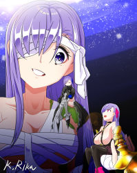 Rule 34 | 3girls, absurdres, bandages, breasts, cleavage, fate (series), giant, giantess, grin, highres, kingprotea (fate), meltryllis (fate), multiple girls, on shoulder, passionlip (fate), purple eyes, purple hair, smile, teeth