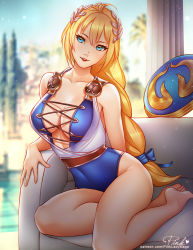 Rule 34 | 1girl, adapted costume, alternate costume, barefoot, blonde hair, blue eyes, braid, breasts, center opening, cleavage, full body, gold trim, large breasts, leotard, long hair, open mouth, pillar, pink lady mage, ponytail, shield, single braid, solo, sophitia alexandra, soul calibur, tagme, thighs