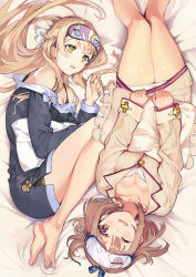 Rule 34 | 2girls, ;d, atelier (series), atelier ryza, atelier ryza 1, bare legs, barefoot, blonde hair, braid, breasts, bright pupils, brown eyes, brown hair, cleavage, green eyes, highres, klaudia valentz, long hair, long sleeves, lying, medium breasts, multiple girls, off-shoulder sweater, off shoulder, official art, on back, on side, one eye closed, open mouth, pajamas, pillow, pillow grab, reisalin stout, short hair, side braid, sleep mask, smile, sweater, toridamono, white pupils