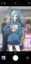 Rule 34 | 1boy, 4girls, bare legs, blue eyes, blue hair, blue hoodie, blurry, blurry background, bow, breasts, chinese commentary, commentary request, cowboy shot, drink, gojou satoru, hair bow, hand in pocket, highres, holding, holding drink, hood, hood down, hoodie, jujutsu kaisen, long hair, long sleeves, looking at viewer, milkshake, miwa kasumi, moetora, multiple girls, open mouth, fake phone screenshot, ponytail, purple bow, smile, solo focus, tears, v-shaped eyebrows