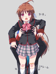 Rule 34 | 1boy, 1girl, ahoge, akayama yukihe, arms up, bandaid, bandaid on knee, bandaid on leg, black jacket, blazer, blush, bow, breasts, brother and sister, brown hair, commentary, empty eyes, feet out of frame, grabbing, grabbing another&#039;s breast, grey background, grey skirt, hair between eyes, highres, jacket, kneehighs, lifting person, little busters!, little busters! school uniform, long hair, long sleeves, looking up, miniskirt, motion lines, natsume kyousuke, natsume rin, open mouth, pink bow, plaid, plaid skirt, pleated skirt, ponytail, red eyes, school uniform, siblings, sidelocks, simple background, skirt, small breasts, socks, solo focus, translated, v-shaped eyebrows, very long hair, white socks, wide-eyed