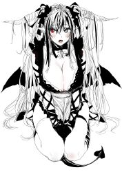 Rule 34 | 1girl, blush, bow, bowtie, breasts, cleavage, colored eyelashes, demon girl, demon tail, dress, earrings, goshiki suzu, green eyes, greyscale, hair ribbon, hands on lap, highres, horns, jewelry, large breasts, long hair, looking at viewer, mole, mole under mouth, monochrome, multicolored hair, open mouth, original, pointy ears, red eyes, ribbon, simple background, sitting, sketch, solo, tail, thighhighs, very long hair, wings