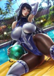 Rule 34 | 1girl, armpits, bare shoulders, blush, breasts, day, fairy tail, large breasts, lexaiduer, long hair, nail polish, pantyhose, pool, purple nails, ribbon, solo, teeth, thick eyebrows, thick thighs, thighhighs, thighs, tree, ultear milkovich, upper teeth only, watermark, wide hips