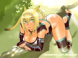 Rule 34 | 00s, 1girl, animal ears, barefoot, blonde hair, breasts, cat ears, cat girl, cat tail, female focus, final fantasy, final fantasy xi, green eyes, hairband, mithra (ff11), nature, outdoors, robina, solo, tail