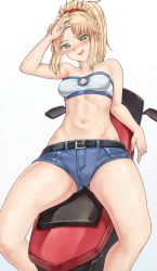 Rule 34 | arm on own head, belt, belt buckle, blonde hair, blush, breasts, breath, buckle, crop top, denim, denim shorts, fate/grand order, fate (series), gluteal fold, green eyes, highres, mordred (fate), mordred (fate/apocrypha), mordred (memories at trifas) (fate), motor vehicle, motorcycle, navel, ponytail, sarhce, short shorts, shorts, small breasts, smirk, stomach, thighs
