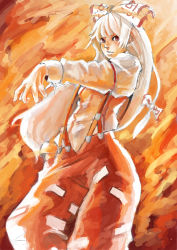 Rule 34 | 1girl, bad id, bad pixiv id, female focus, fire, fujiwara no mokou, hair ribbon, long hair, orange theme, outstretched arm, outstretched hand, red eyes, ribbon, sho (gohan), sketch, solo, suspenders, touhou, white hair
