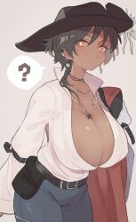 1girl ? arknights arouni22 black_hair black_hat blush breasts cleavage closed_mouth dark-skinned_female dark_skin ear_piercing earrings genderswap genderswap_(mtf) grey_background hair_between_eyes hair_over_shoulder hat huge_breasts jewelry long_sleeves looking_at_viewer orange_eyes pants piercing shirt simple_background solo spoken_question_mark thorns_(arknights) thorns_(blade-cleaved_tides)_(arknights) white_shirt