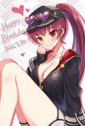 Rule 34 | 1girl, anchor symbol, baseball cap, black hat, black jacket, blush, breasts, brown eyes, cleavage, closed mouth, collarbone, commentary request, dated, earrings, eyewear on headwear, feet out of frame, hand up, happy birthday, hat, heart, heart-shaped eyewear, heart earrings, heterochromia, high ponytail, hololive, houshou marine, houshou marine (summer), jacket, jewelry, knees up, long hair, long sleeves, looking at viewer, mauve, medium breasts, plaid, polka dot, polka dot background, ponytail, purple-tinted eyewear, red eyes, red hair, sitting, sleeves past wrists, smile, solo, tinted eyewear, very long hair, virtual youtuber