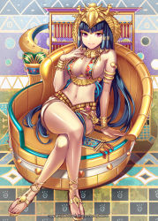 Rule 34 | 1girl, :d, arm support, armband, blue hair, bracelet, breasts, cleavage, couch, crossed legs, egyptian, egyptian clothes, eyeliner, eyeshadow, full body, headdress, jewelry, kaku-san-sei million arthur, large breasts, legs, long hair, lots of jewelry, makeup, million arthur (series), navel, necklace, no legwear, official art, open mouth, original, purple eyes, sandals, shiny skin, sitting, smile, solo, toes, very long hair