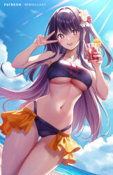 Rule 34 | 1girl, :d, artist name, bikini, blue sky, breasts, cleavage, commentary request, cup, day, drinking straw, flower, gluteal fold, hair flower, hair ornament, holding, holding cup, hoshino ai (oshi no ko), long hair, medium breasts, navel, open mouth, oshi no ko, outdoors, partial commentary, purple eyes, purple hair, rabbit hair ornament, sebu illust, sky, smile, solo, star-shaped pupils, star (symbol), stomach, sunlight, swimsuit, symbol-shaped pupils, thighs, underboob, v