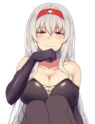 Rule 34 | 10s, 1girl, alternate costume, bad id, bad twitter id, bare shoulders, black gloves, black pantyhose, breasts, cleavage, collarbone, elbow gloves, gloves, hair between eyes, hairband, half-closed eyes, heart, kantai collection, large breasts, long hair, looking at viewer, pantyhose, shoukaku (kancolle), silver hair, simple background, smile, solo, suisen toire (moko924), white background