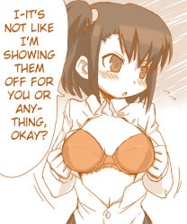 Rule 34 | blush, bra, breasts, brown eyes, brown hair, hard-translated, large breasts, lingerie, monochrome, open clothes, open shirt, original, ponytail, shirt, short hair, tai (pixiv6134), third-party edit, translated, tsundere, underwear