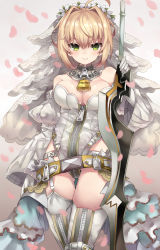 Rule 34 | 10s, 1girl, aestus estus, ahoge, arm strap, bare shoulders, belt, belt buckle, belt skirt, blonde hair, blush, breasts, bridal veil, buckle, burnt clothes, chain, cleavage, closed mouth, cowboy shot, crossed legs, detached collar, detached sleeves, fate/extra, fate/extra ccc, fate/grand order, fate (series), flower, flower wreath, full-length zipper, garter belt, garter straps, gloves, gluteal fold, gradient background, green eyes, grey background, hair between eyes, hair intakes, hand on hilt, head wreath, highleg, highleg leotard, highres, lace, leotard, light smile, lock, long sleeves, looking at viewer, medium breasts, nero claudius (bride) (fate), nero claudius (bride) (second ascension) (fate), nero claudius (fate), nero claudius (fate) (all), padlock, padlocked collar, petals, planted, planted sword, planted weapon, puffy detached sleeves, puffy sleeves, shiodome oji, short hair with long locks, sidelocks, smile, solo, standing, strapless, strapless leotard, studded belt, sword, thigh gap, thigh strap, thighhighs, thighs, veil, waist cape, weapon, white flower, white gloves, white leotard, white thighhighs, wide sleeves, zipper, zipper pull tab