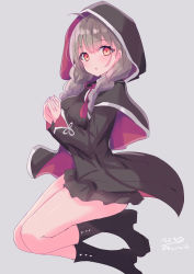 Rule 34 | 1girl, absurdres, black capelet, black footwear, black skirt, blush, boots, braid, breasts, brown hair, capelet, full body, grey background, highres, hizaka, hood, hood up, kantai collection, long hair, long sleeves, looking at viewer, one-hour drawing challenge, own hands together, parted lips, red eyes, shinshuu maru (kancolle), simple background, skirt, solo, twin braids, twitter username