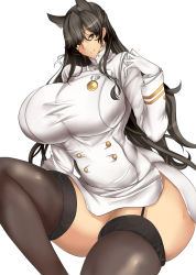 Rule 34 | 1girl, animal ears, atago (azur lane), azur lane, black hair, breasts, brown eyes, cat ears, commentary request, curvy, gigantic breasts, huge breasts, long hair, looking at viewer, military, plump, smile, solo, thick thighs, thighhighs, thighs, umino mokuzu (a4 size), uniform, wide hips