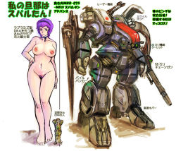 Rule 34 | 1boy, 1girl, breasts, character request, choujikuu yousai macross, clothed male nude female, contrapposto, curvy, hand on own hip, highres, inverted nipples, large breasts, macross, mecha, navel, neck ribbon, nipples, nude, pubic hair, purple hair, ribbon, robot, short hair, simple background, size comparison, size difference, soldier, standing, text focus, translation request, ukatsu juuzou, weapon, zentradi