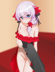 Rule 34 | absurdres, arms at sides, bare shoulders, black dress, black ribbon, blue eyes, blurry, blurry background, blush, breasts, breasts out, closed mouth, clothes pull, cowboy shot, dress, dress pull, frilled dress, frills, hair between eyes, hair ornament, hair over shoulder, hair ribbon, highres, honkai (series), honkai impact 3rd, long hair, looking at viewer, low-tied long hair, multicolored clothes, multicolored dress, nipples, no panties, off-shoulder dress, off shoulder, pulling own clothes, pussy, pussy juice, ribbon, silver hair, small breasts, smile, standing, theresa apocalypse