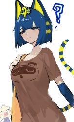 Rule 34 | 1girl, ?, absurdres, animal crossing, animal ears, ankha (animal crossing), blonde hair, blue eyes, blue hair, blush, breasts, brown shirt, cat ears, cat girl, cat tail, clenched hand, daiishori, eyebrows hidden by hair, frown, hand on own shoulder, highres, humanization, looking ahead, marshal (animal crossing), medium breasts, multicolored hair, nintendo, personification, shirt, short hair, solo focus, streaked hair, tail, tom nook (animal crossing), white background