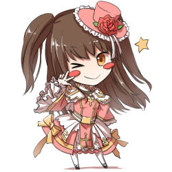 Rule 34 | &gt; o, 1girl, arch bishop (ragnarok online), blush stickers, bow, brown eyes, brown hair, cleavage cutout, closed mouth, clothing cutout, commentary request, contrapposto, cross, dress, dress bow, flower, frilled dress, frilled hat, frilled sleeves, frills, full body, gold trim, hat, hat flower, long hair, looking at viewer, mini hat, natsuya (kuttuki), official alternate costume, one eye closed, pink hat, ragnarok online, red dress, red flower, rose, simple background, smile, solo, standing, star (symbol), thighhighs, top hat, two-tone dress, two side up, w, white background, white dress, white thighhighs, yellow bow