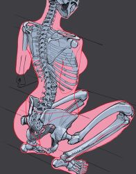 Rule 34 | 1girl, anatomy, artist name, bald, bald girl, commentary, dark background, dated, english commentary, facing away, from behind, full body, grey background, highres, mixed-language commentary, original, ribs, simple background, skeleton, solo, tatami (loop), teeth, x-ray vision