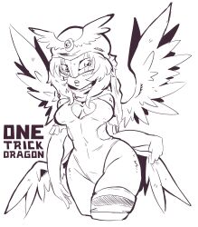 Rule 34 | 1girl, absurdres, angel girl, angel wings, cleavage cutout, clothing cutout, curvy, darcmon, digimon, digimon (creature), female focus, highleg, highleg swimsuit, highres, long hair, monochrome, one-piece swimsuit, one trick dragon, solo, swimsuit, wide hips, wings