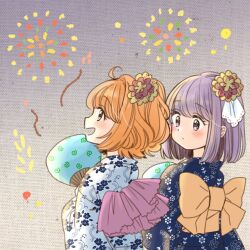 Rule 34 | 2girls, :d, ahoge, back bow, blue kimono, blush, bob cut, bow, closed mouth, commentary request, fireworks, floral print, flower, grey eyes, hair flower, hair ornament, hand fan, hieda no akyuu, holding, holding fan, japanese clothes, kimono, long sleeves, medium hair, motoori kosuzu, multiple girls, muzukite, open mouth, orange hair, purple bow, purple hair, short hair, smile, touhou, two side up, upper body, white kimono, wide sleeves, yellow bow