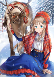 Rule 34 | 1girl, absurdres, antlers, blue eyes, brown hair, cherim, dress, fence, forest, gloves, hair ribbon, hat, highres, horns, nature, original, reindeer, ribbon, sami clothes, sitting, snow, traditional clothes