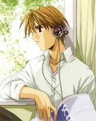 Rule 34 | 1boy, angel/dust neo, angel dust neo, angel flavor, artbook, book, brown eyes, brown hair, buttons, collarbone, collared shirt, haga akito, headphones, holding, long sleeves, looking to the side, male focus, nanase aoi, open book, profile, shirt, sleeves rolled up, solo, upper body, white shirt, window