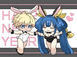 Rule 34 | 1boy, 1girl, animal ears, black leotard, blonde hair, blue hair, blush, bow, bowtie, breasts, chibi, chinese zodiac, closed eyes, closed mouth, crossdressing, detached collar, dizzy (guilty gear), ebi pri shrimp, english text, fake animal ears, fake tail, guilty gear, hair ribbon, heart, hetero, holding hands, husband and wife, ky kiske, large breasts, leotard, long hair, male playboy bunny, new year, playboy bunny, rabbit ears, rabbit tail, ribbon, short hair, smile, tail, tail ornament, tail ribbon, twintails, wavy mouth, white leotard, wrist cuffs, year of the rabbit, yellow ribbon