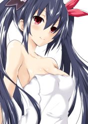 Rule 34 | 10s, 1girl, bare shoulders, bathrobe, black hair, blush, breasts, female focus, iwashi dorobou -r-, long hair, looking at viewer, naked towel, neptune (series), noire (neptunia), red eyes, ribbon, small breasts, smile, solo, towel, twintails, very long hair, white towel