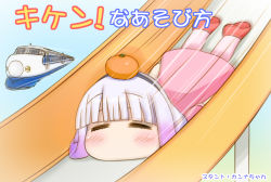 Rule 34 | 10s, 1girl, = =, afterimage, black hairband, blue background, blunt bangs, blush, bouparupigyi (user ndmr3272), chibi, closed eyes, commentary request, dress, eyelashes, facing viewer, food, food on head, fruit, fruit on head, gradient hair, hairband, kanna kamui, kobayashi-san chi no maidragon, light purple hair, long hair, lying, mandarin orange, multicolored hair, no mouth, object on head, on stomach, pink dress, raised eyebrows, red footwear, shoes, simple background, slide, sliding, solo, speed lines, text focus, train, translation request, two-tone hair