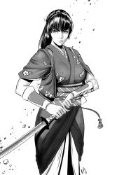 Rule 34 | 1girl, absurdres, arm guards, breasts, cowboy shot, dead or alive, greyscale, highres, japanese clothes, kasumi (doa), katana, kimono, large breasts, monochrome, obi, roosdy fisher, sash, serious, solo, sword, weapon