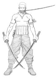 Rule 34 | 1boy, greyscale, happy, highres, holding, holding sword, holding weapon, horikoshi kouhei, katana, looking at viewer, monochrome, official art, one piece, roronoa zoro, sheath, short hair, simple background, sketch, solo, standing, sword, weapon, white background