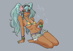 Rule 34 | 1girl, antenna hair, aqua hair, arm support, barefoot, bead bracelet, beads, bikini, blue bikini, blue eyes, blue pubic hair, bracelet, brazilian miku, breasts, collarbone, commentary, earrings, exposed pocket, eyewear on head, feet, female pubic hair, flower, full body, green nails, guarana antarctica, hair flower, hair ornament, hatsune miku, highres, holding, hoop earrings, jewelry, long hair, looking at viewer, nail polish, navel, open fly, parted lips, pink flower, pubic hair, pubic hair peek, seiza, short shorts, shorts, sitting, solo, sparkle, sunglasses, swimsuit, toes, twintails, vocaloid, will almeida