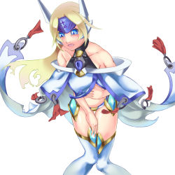 Rule 34 | 1girl, arc system works, bare shoulders, blazblue, blonde hair, blue eyes, cape, embarrassed, female focus, highres, long hair, mecha musume, midriff, mu-12, red ribbon, ribbon, simple background, solo, thighhighs, tiara, white background, yuukaen
